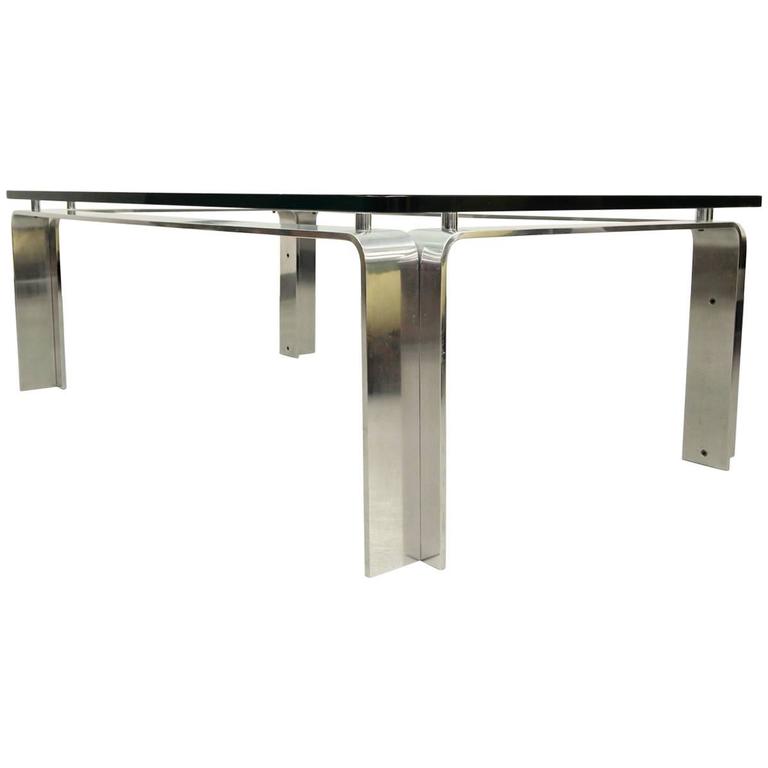 MidCentury Bent Aluminum and Floating Glass Coffee Table For Sale at