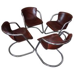 Set of Four Cognac Leather Dining Chairs, Willy Rizzo, 1970s