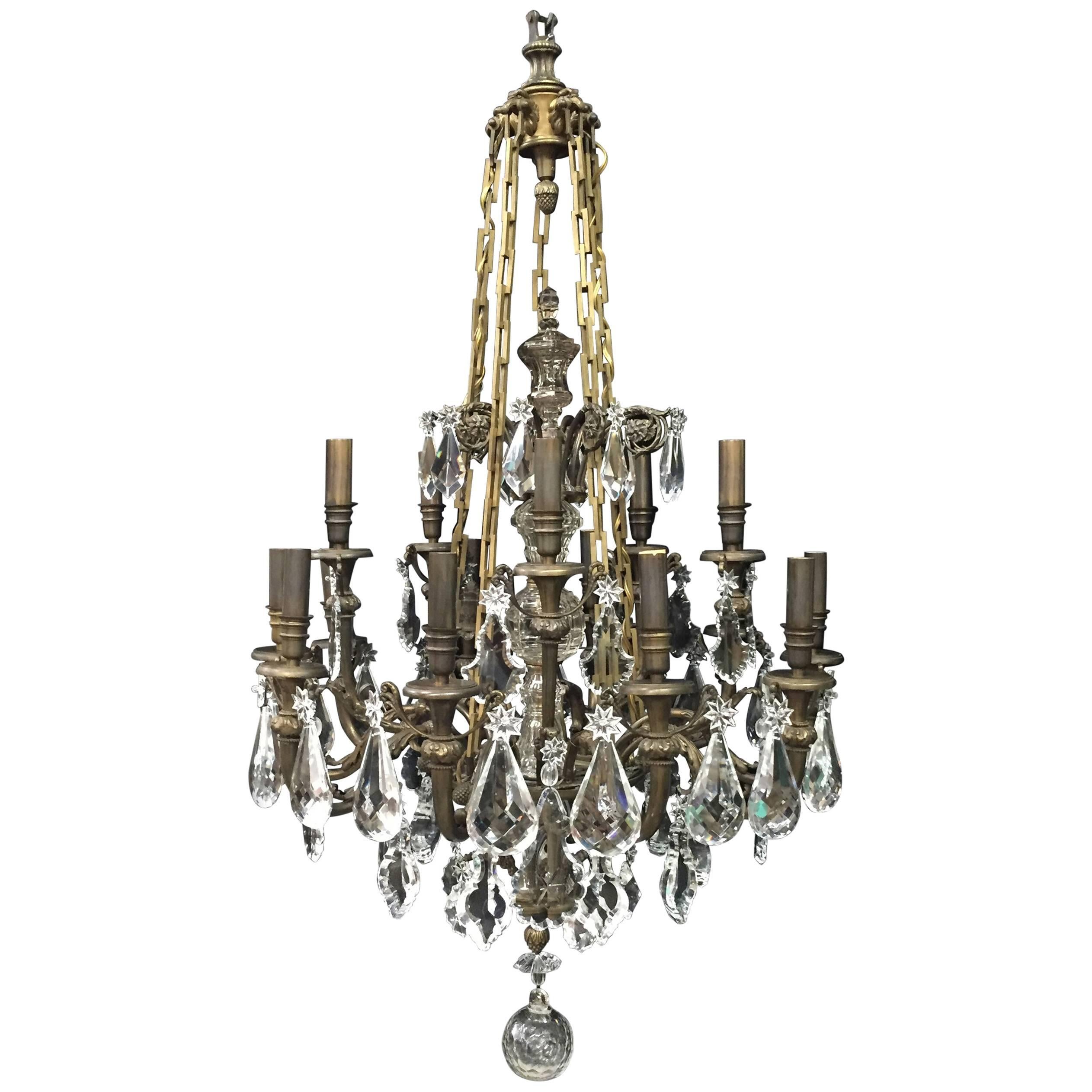 Antique Signed Baccarat Bronze and Crystal Chandelier For Sale