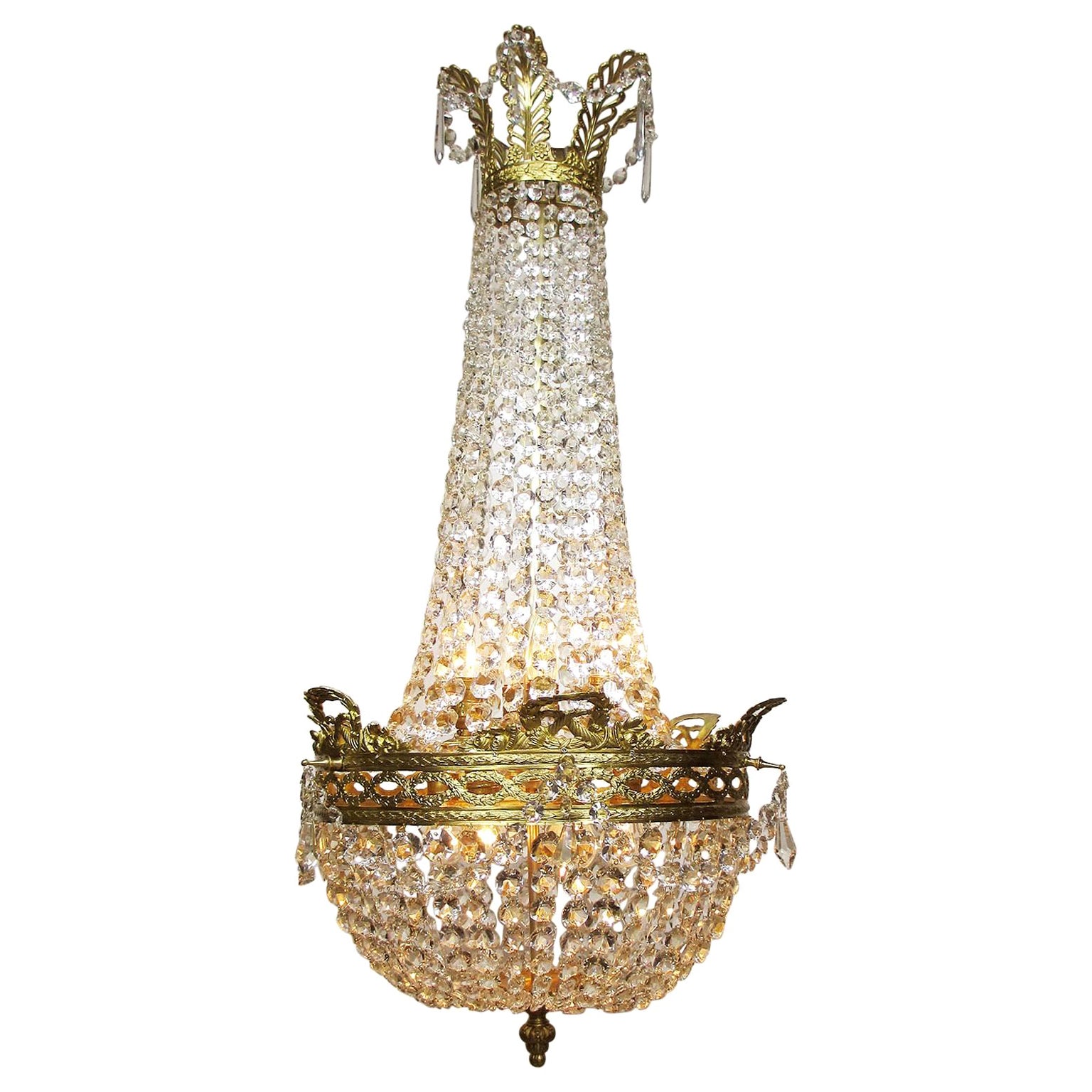 French 19th-20th Century Empire Style Gilt Metal and Cut-Glass Chandelier