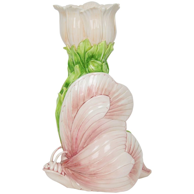 Art Nouveau Liberty Pink White Green Butterfly Ceramic Vase, Italy