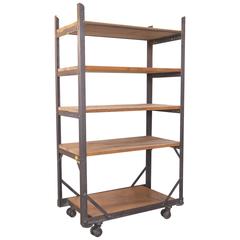 Industrial Five-Tier Wood and Metal Rolling Bar Shelving Cart / Storage Unit