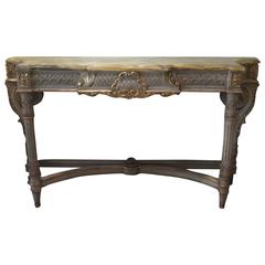 French Carved Painted and Parcel-Gilt Onyx Topped Console Table
