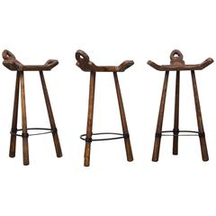 Set of Three Sergio Rodrigues Style Brutalist Wood and Leather Bar Stools