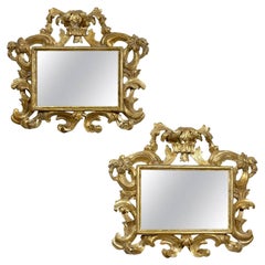 Pair of Italian Rococo Style Carved Giltwood Mirrors with Scroll Motifs, 1890s