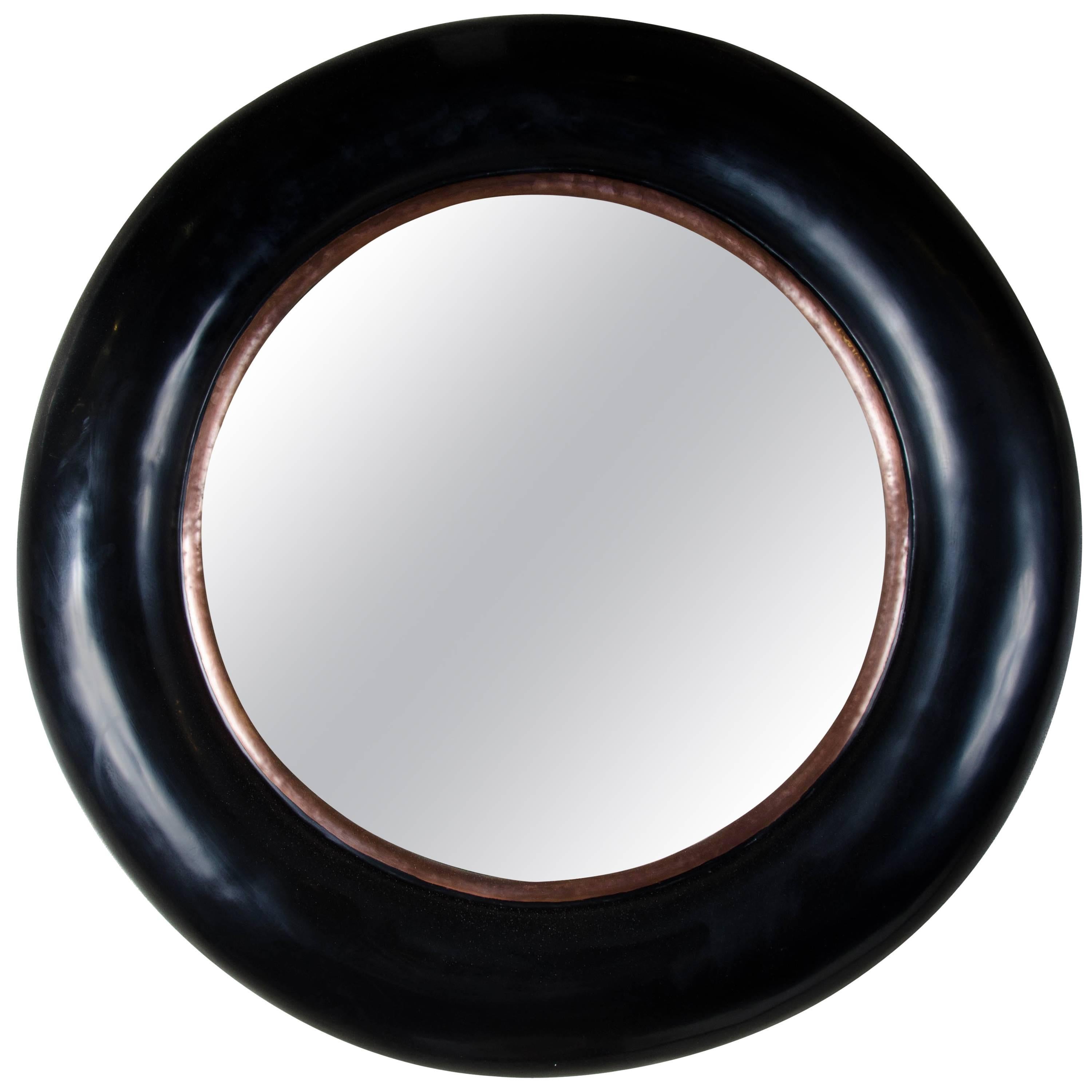 Rounded Mirror with Copper Trim by Robert Kuo, Black Lacquer, Limited Edition