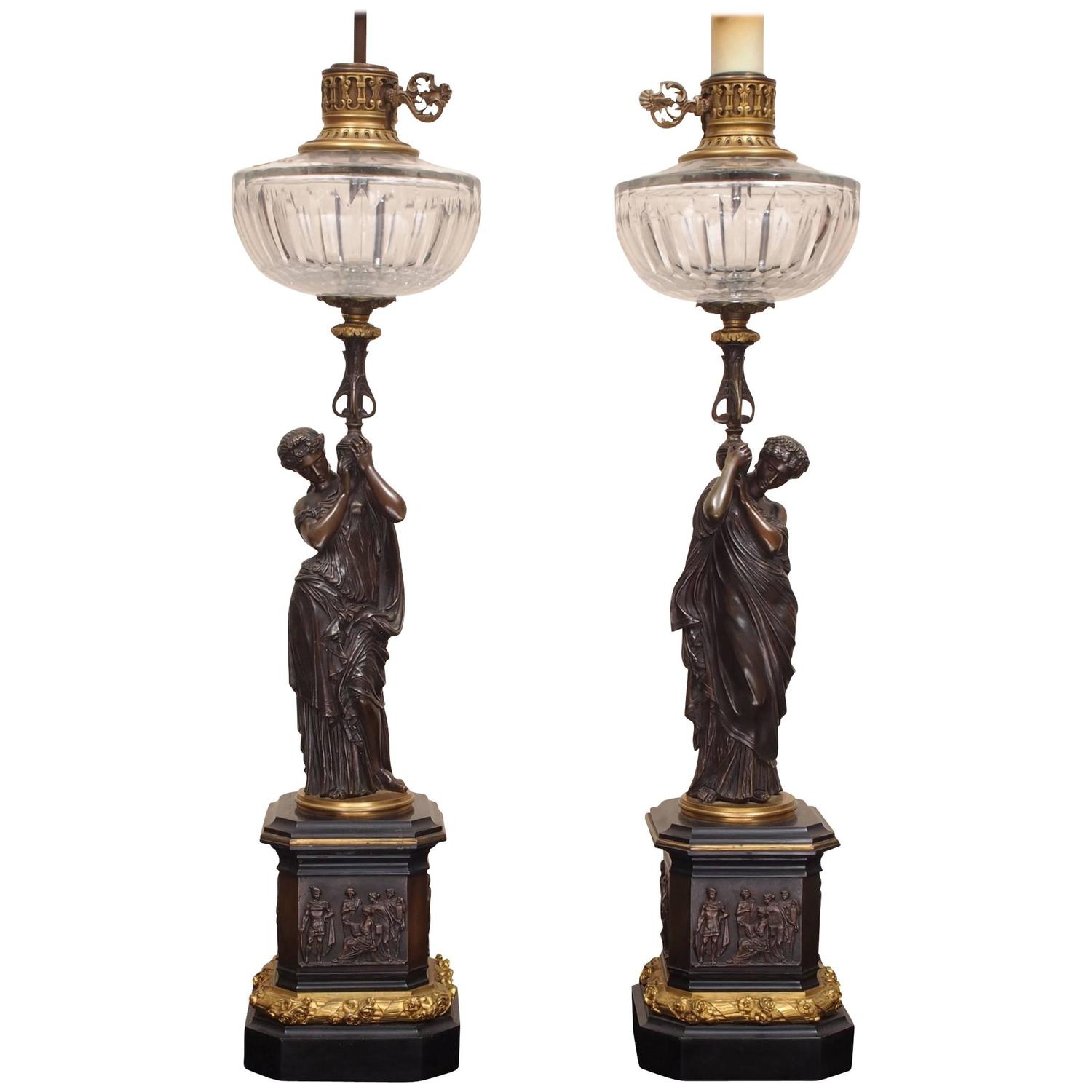Fine Pair of Figural Bronze and Crystal Table Lamps For Sale at 1stdibs