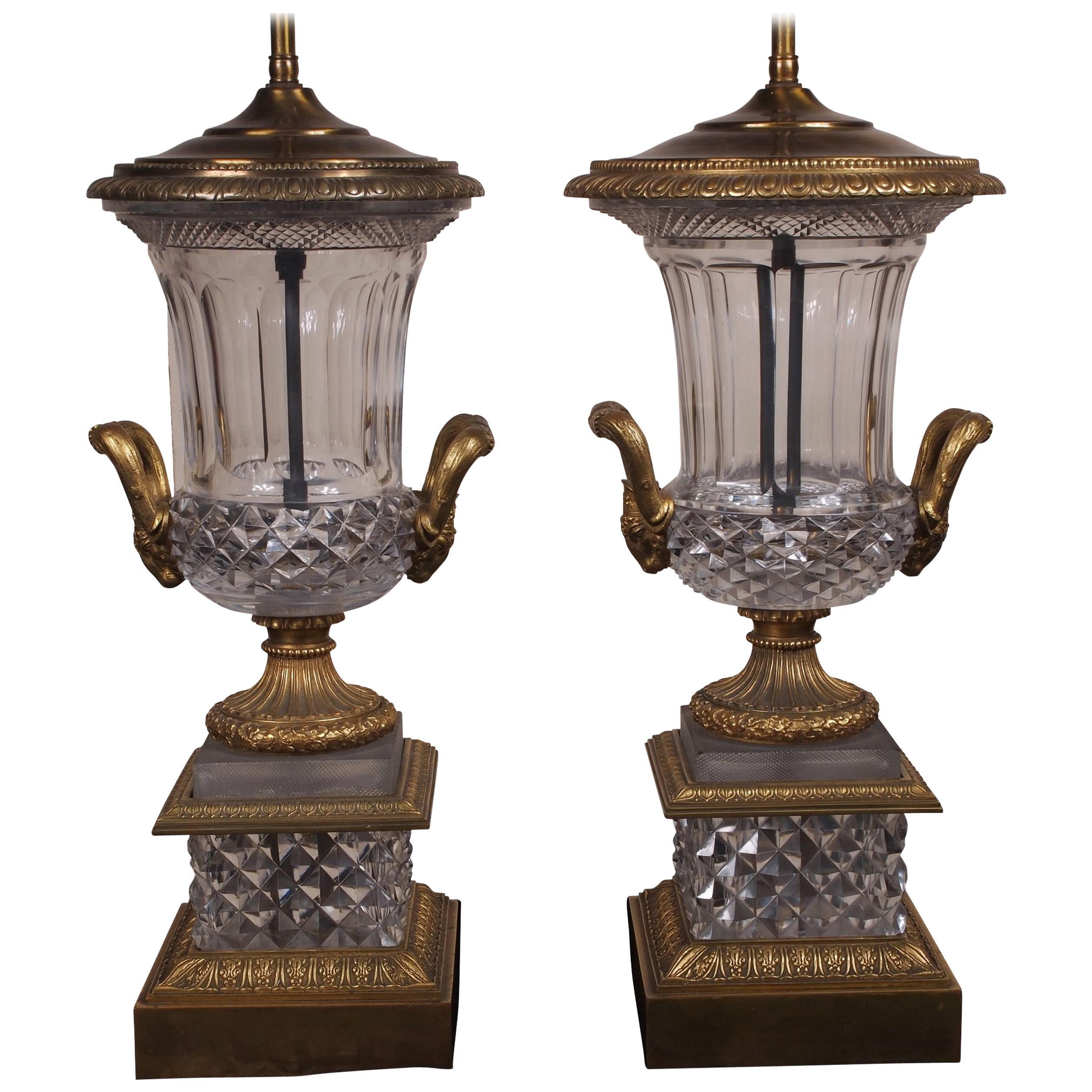  Spectacular Neoclassical Style Pair of Crystal and Bronze Urn Lamps