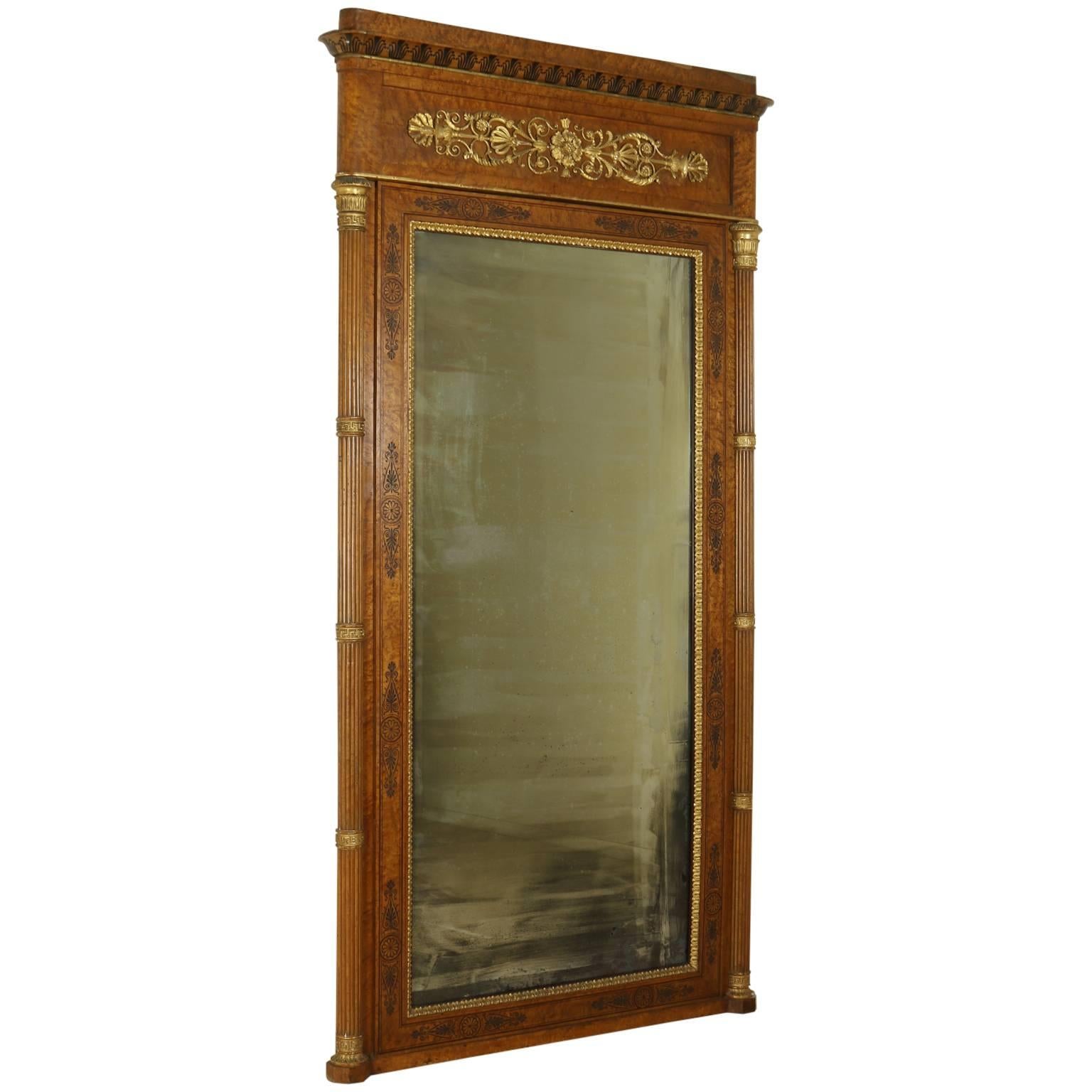 19th Century Restoration Maple Carved Inlaid Gilded Mirror Italy Piemonte