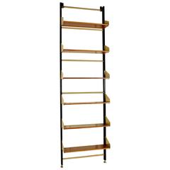 'Feal' Wall Bookcase Mahogany Veneer Metal Uprights Brass Vintage, Italy, 1950s