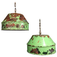 Antique Pair of Painted Copper Pendant Lights, Former Ship Compasses, circa 1910