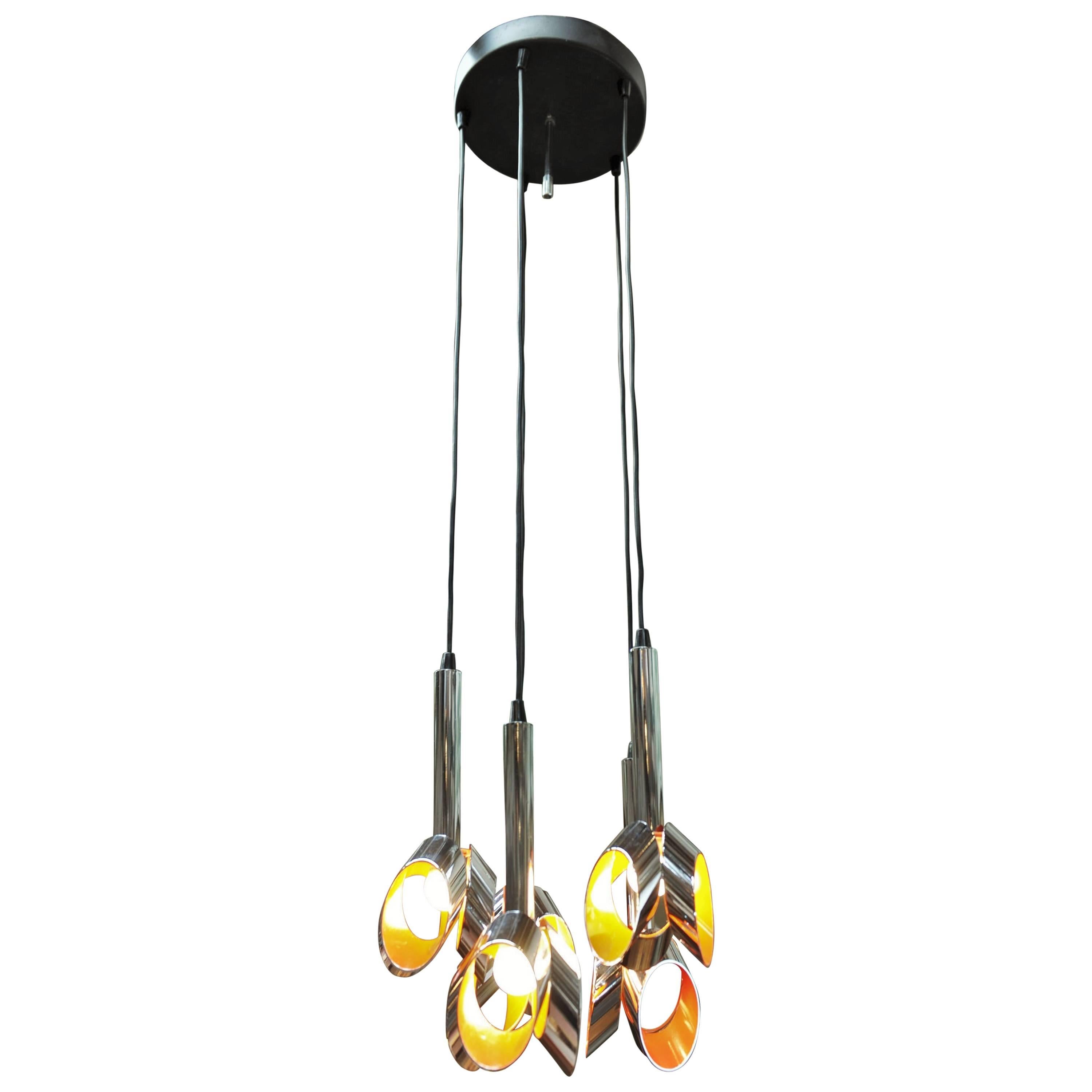 Five Lights Modern Design Chandelier Chromed and Painted Metal, 1960s For Sale