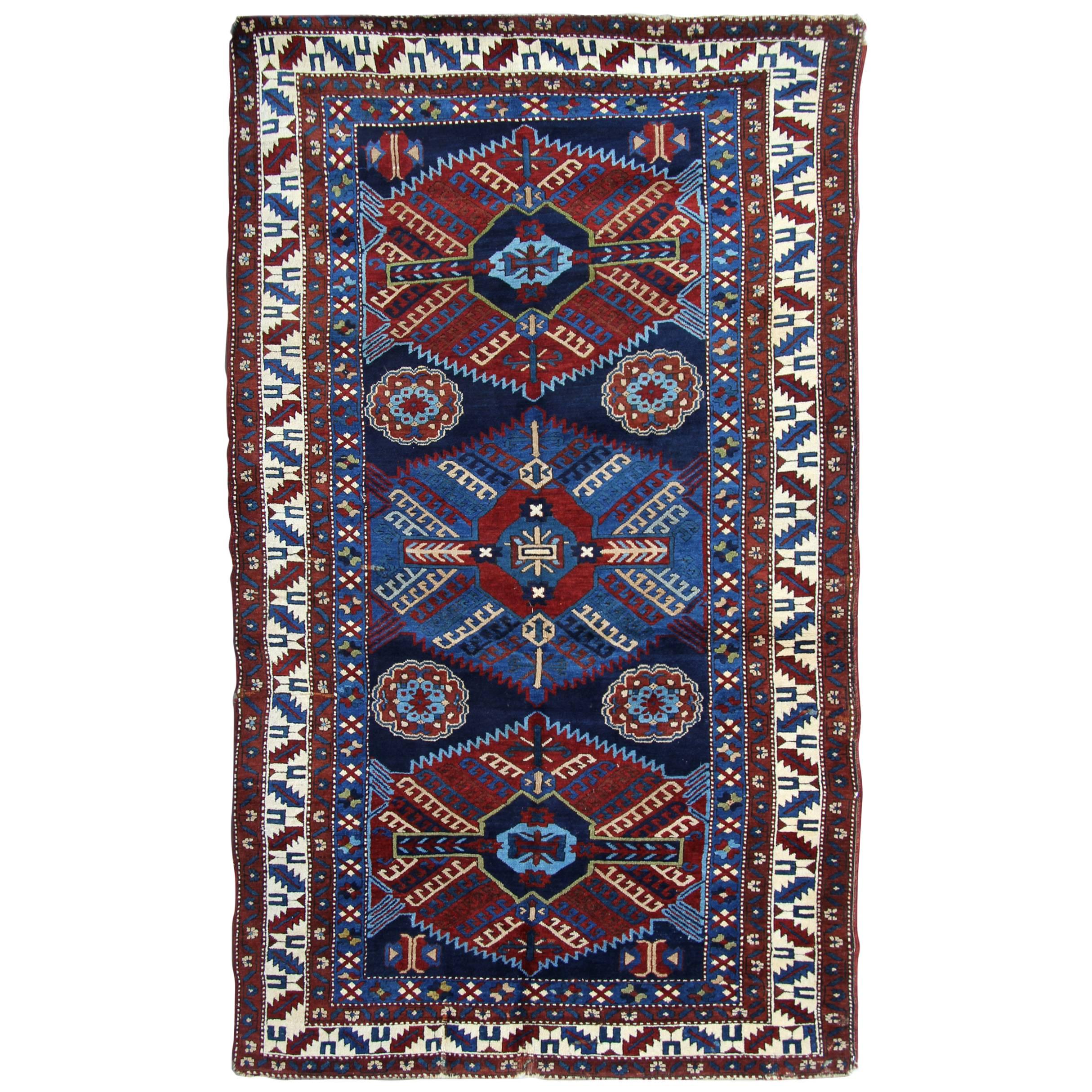 Antique Rugs Caucasian Kazak Rug, Handmade Carpet Blue Oriental Rug for Sale