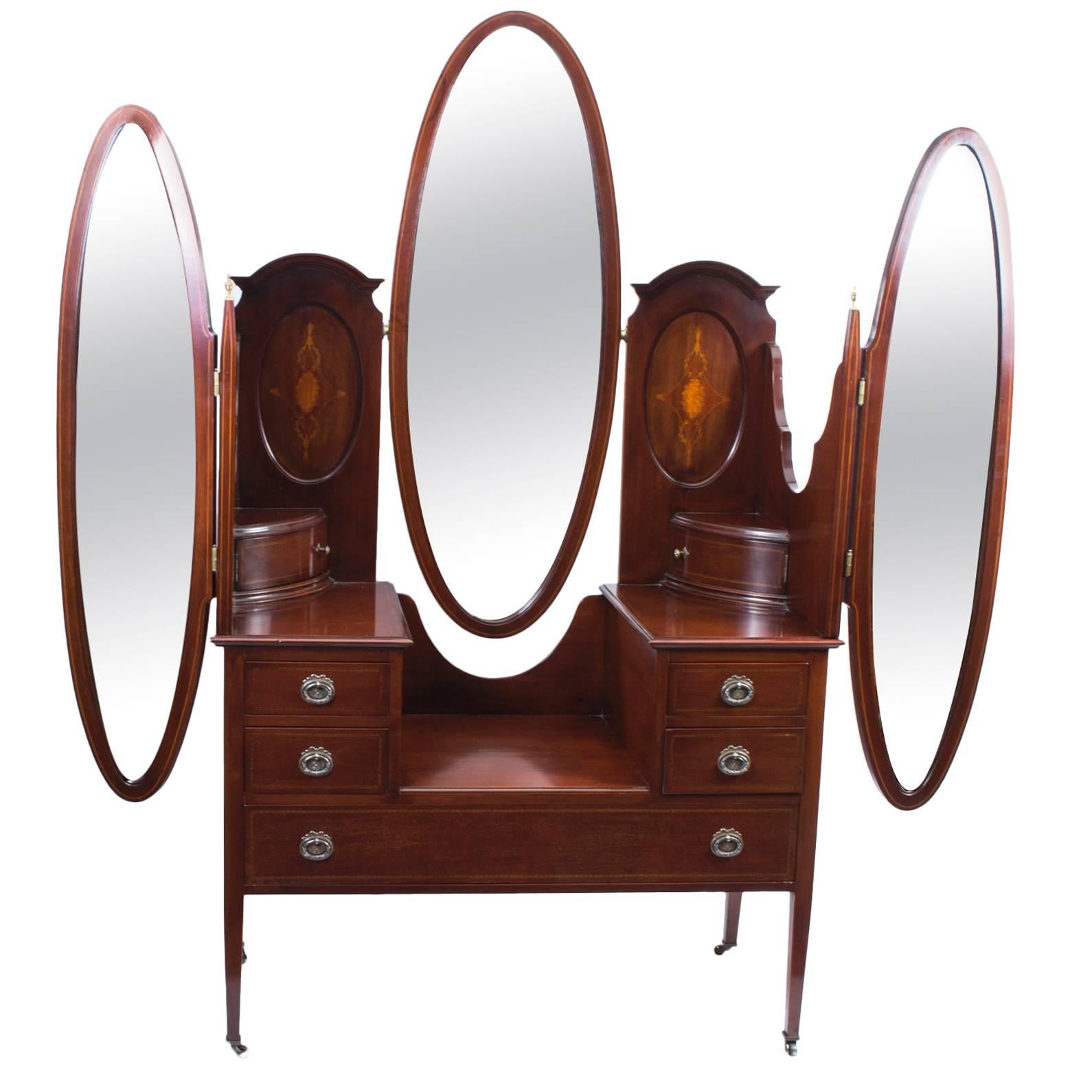 Early 20th Century Edwardian Mahogany Triple Mirror Dressing Table