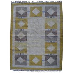 Rölakan Carpet with Geometric Pattern in Yellow and Brown Tones Mid-20th Century