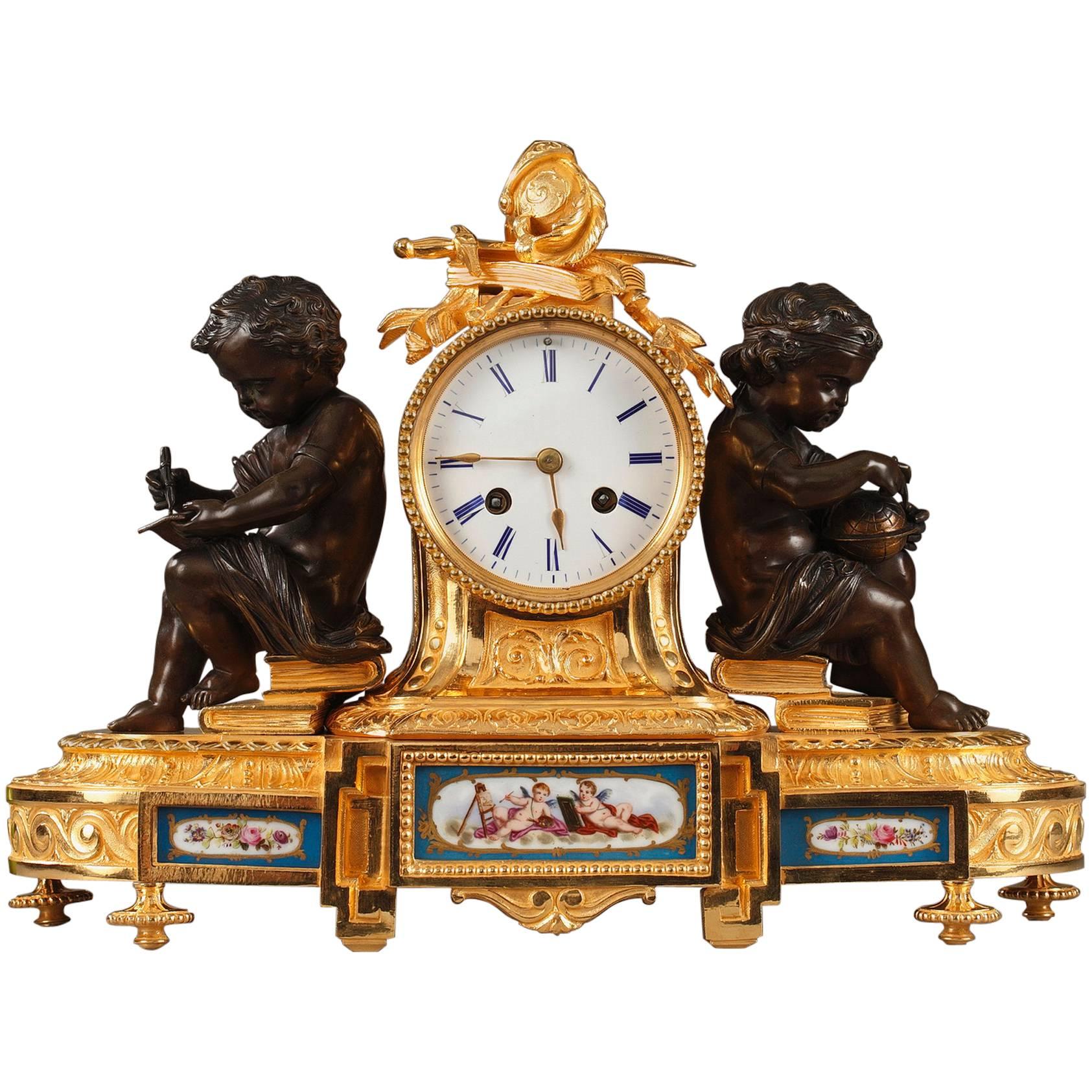 Napoleon III Bronze and Porcelain Mantel Clock in Louis XVI Style, 19th Century