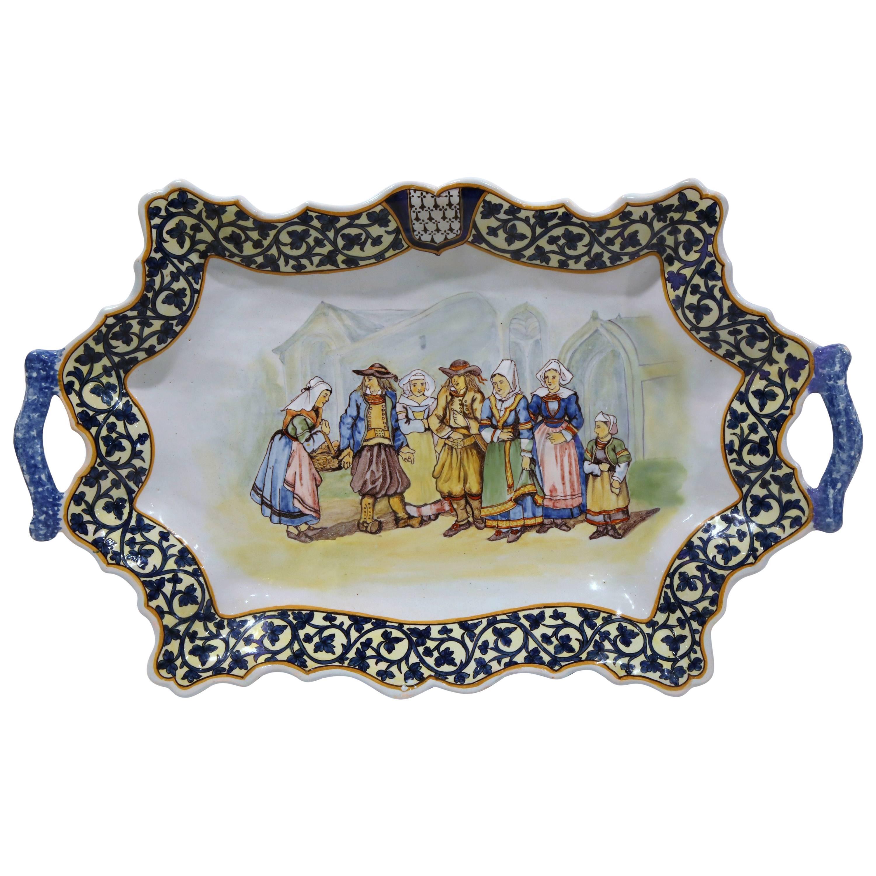 19th Century French Porquier-Beau Quimper Hand-Painted Platter with Handles