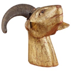Indonesian Carved Wood and Gold Washed Ram's Head, circa 1920