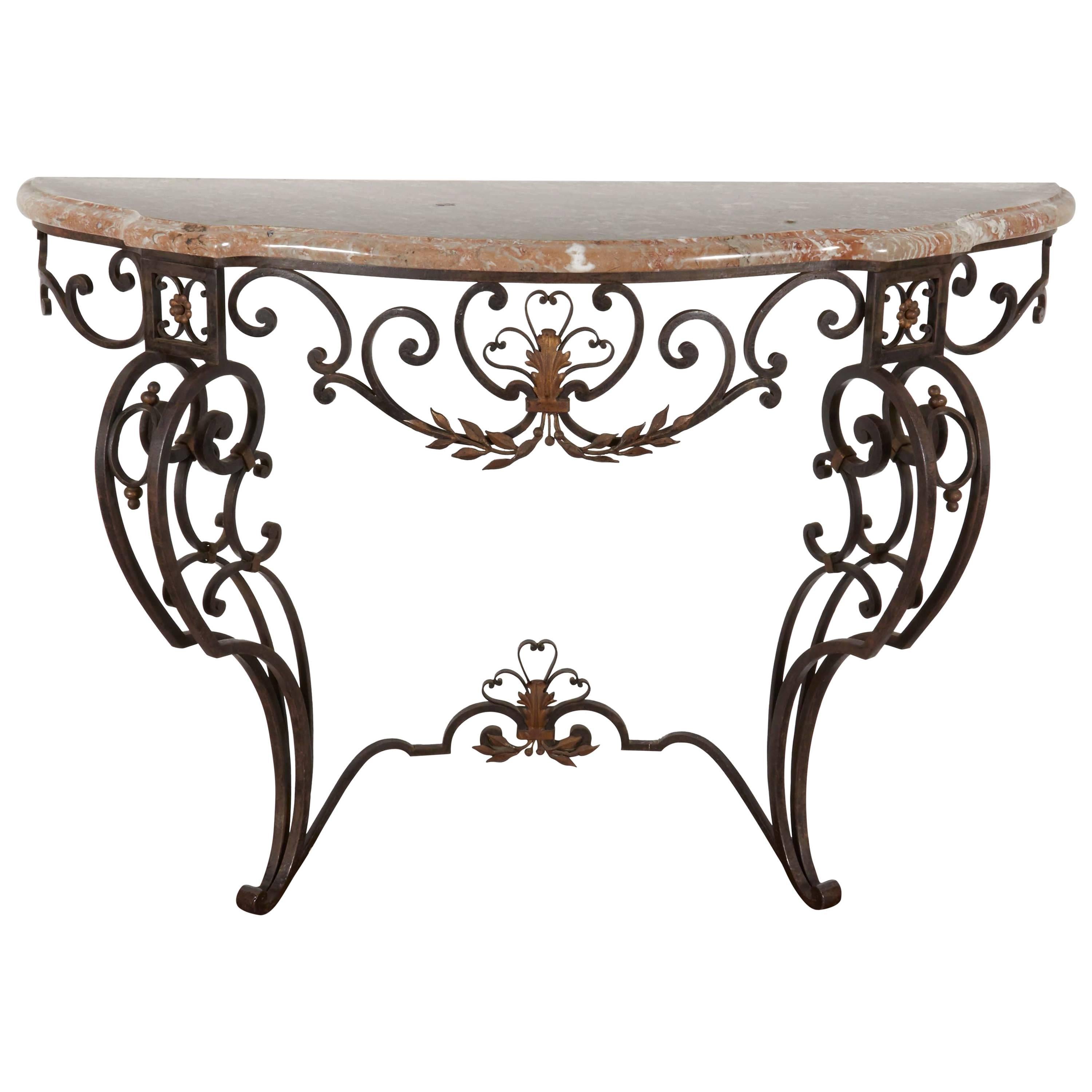 Iron and Marble-Top Demilune Console For Sale