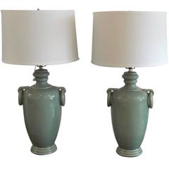 Pair of Jade Glazed Porcelain Urn Decorator Lamps