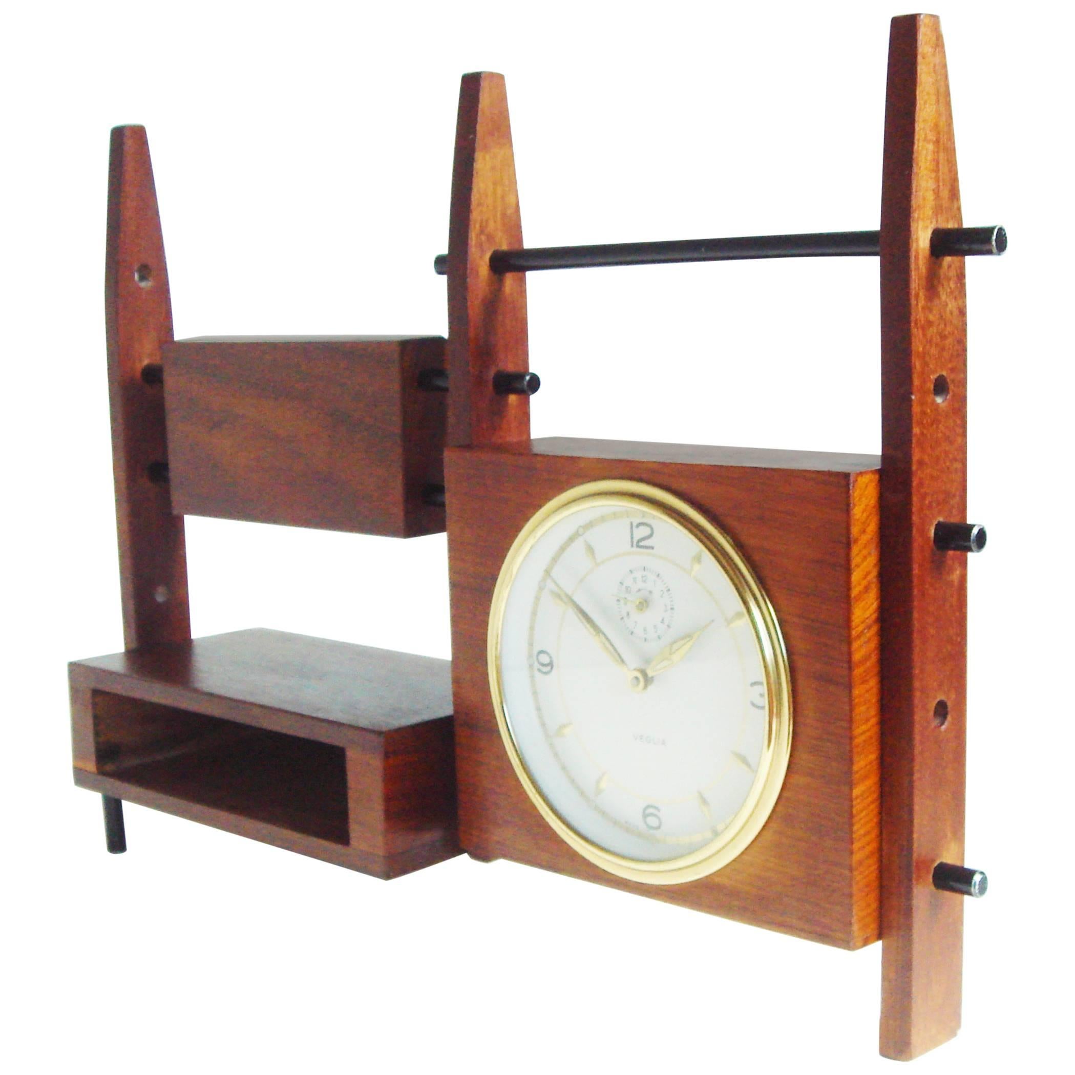 Italian Mid-Century Teak, Rosewood and Black Metal Veglia Mechanical Alarm Clock