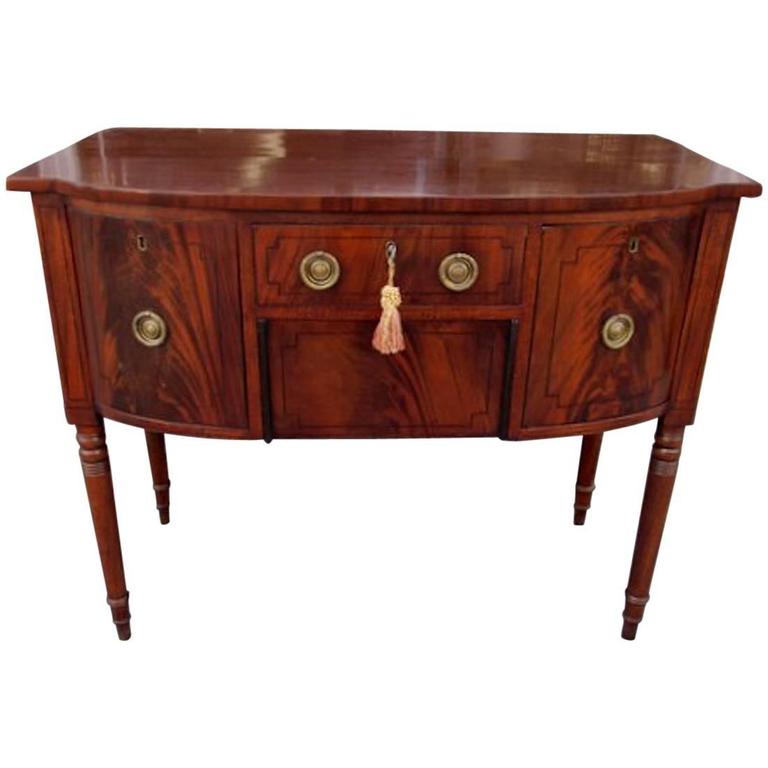 Antique English Ebony Inlaid Flame Mahogany III Bow Front