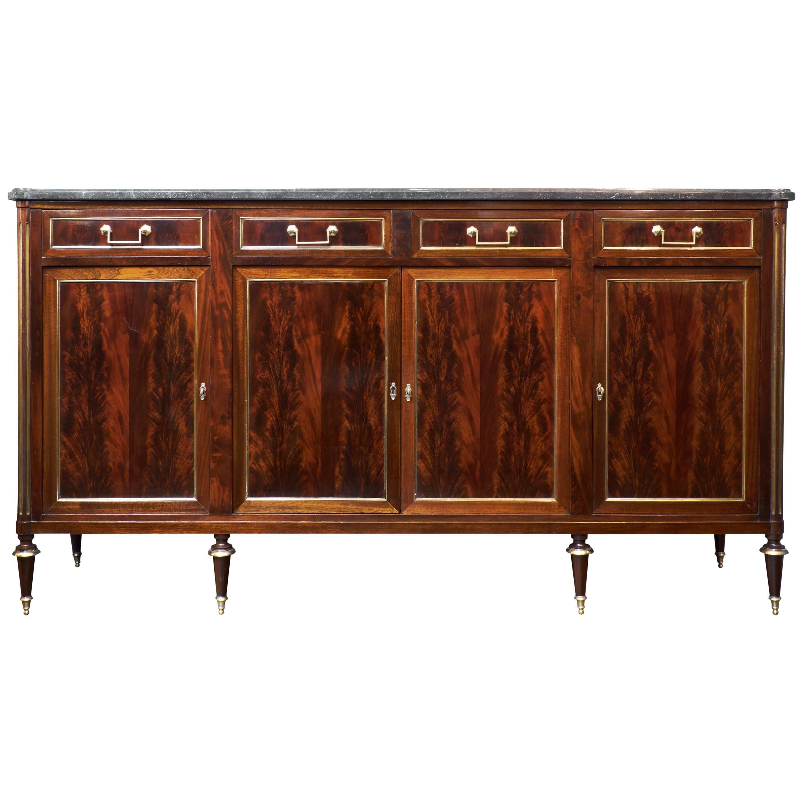 Antique Louis XVI Brass Trimmed Flamed Mahogany Sideboard