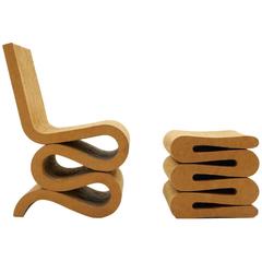 Original 1972 Frank Gehry Cardboard Wiggle Chair and Ottoman/Stool