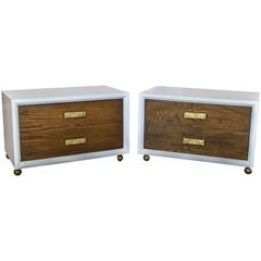 White Lacquer and Oak Kent Coffey Nightstands with Brutalist Brass Hardware