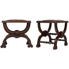 French Renaissance Style Pair of Leather and Walnut Stools