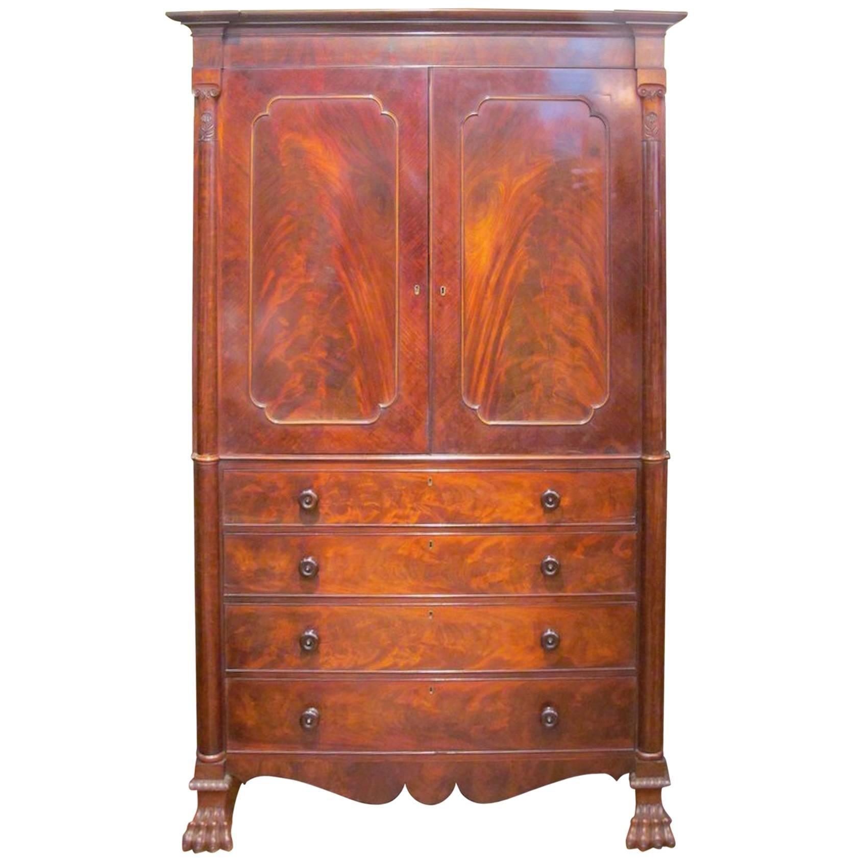 Antique English (Channel Islands) Crotch Mahogany Empire Style Linen Press