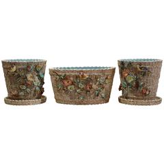 20th Century Three-Piece French Barbotine Cache Pots Set with Birds and Flowers