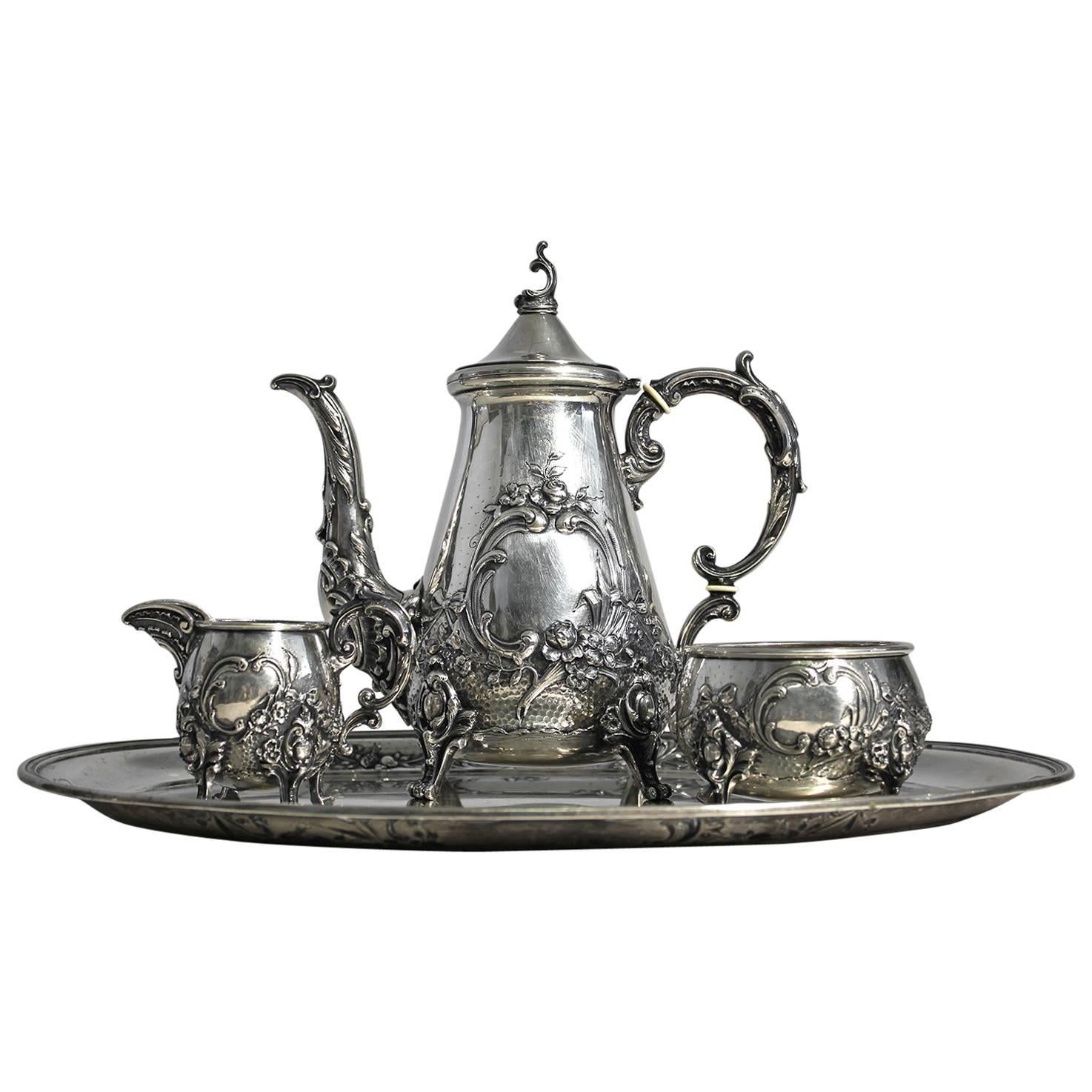 Antique Baroque H. Meyen & Co. of Berlin 800 Silver Tea Set with Tray For Sale