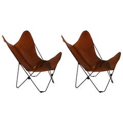 Retro Pair of Hardoy Style Folding Leather Butterfly Chairs