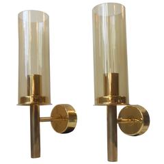 Large Pair of Hans-Agne Jakobsson Mid-Century Yellow Glass 
Brass Wall Sconces