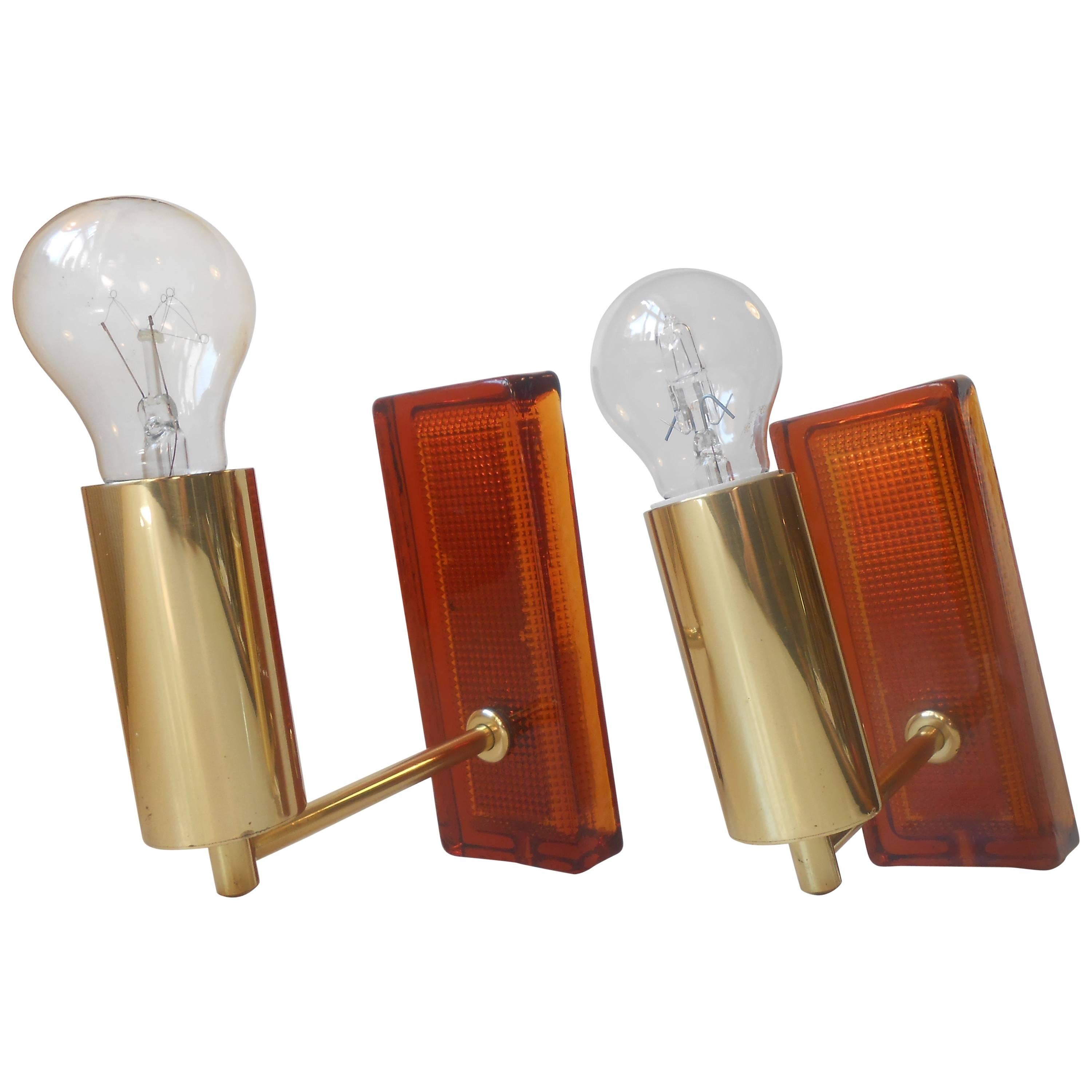 Carl Fagerlund, Pair of Amber Art Glass & Brass Sconces, 1960s, Orrefors, Sweden
