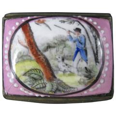 18th Century English Bilston Enamel Snuff Box, Hunter and His Spotted Bird Dog