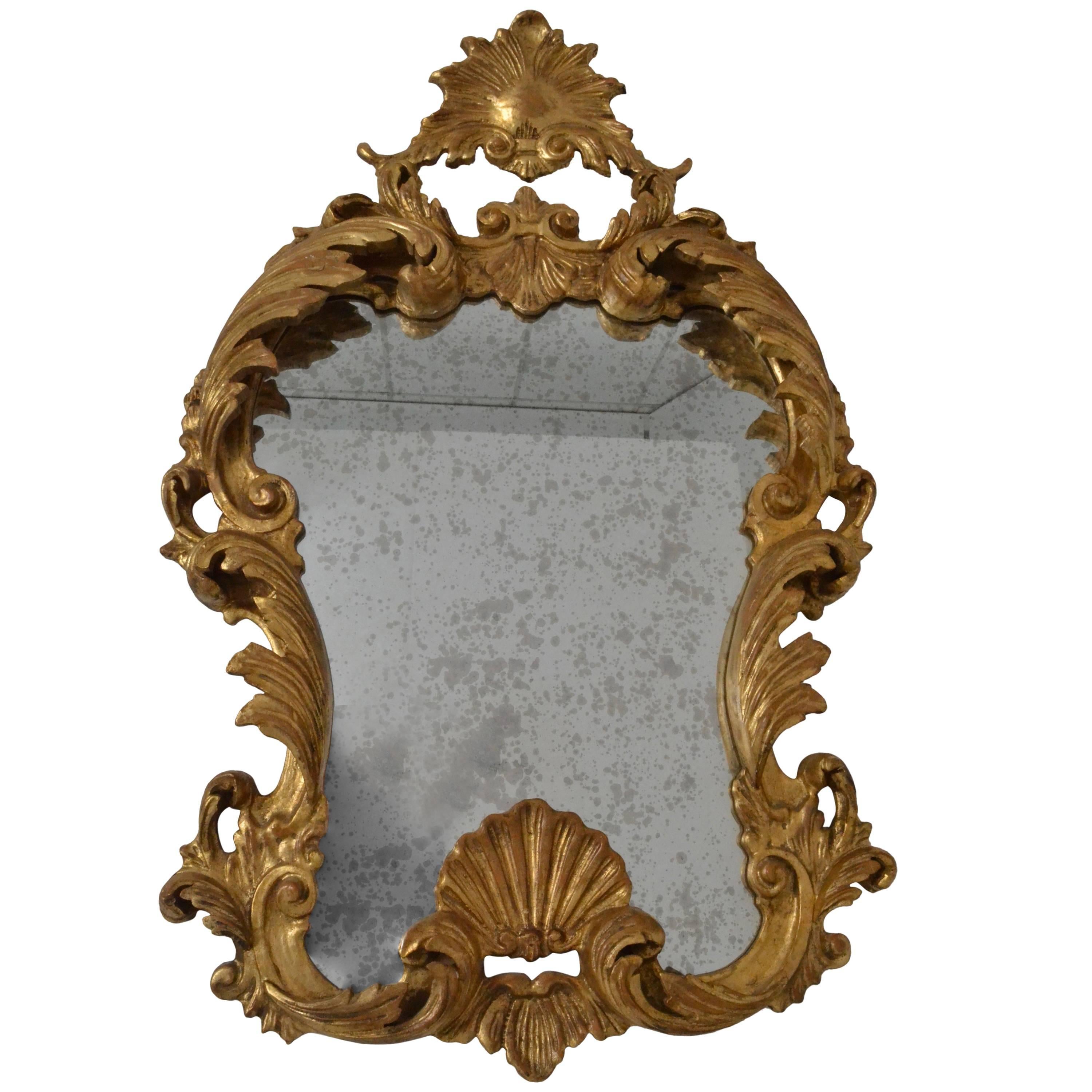 Hand-Carved Giltwood Mirror with Heavily Antiqued Glass, Italy, circa 1950s