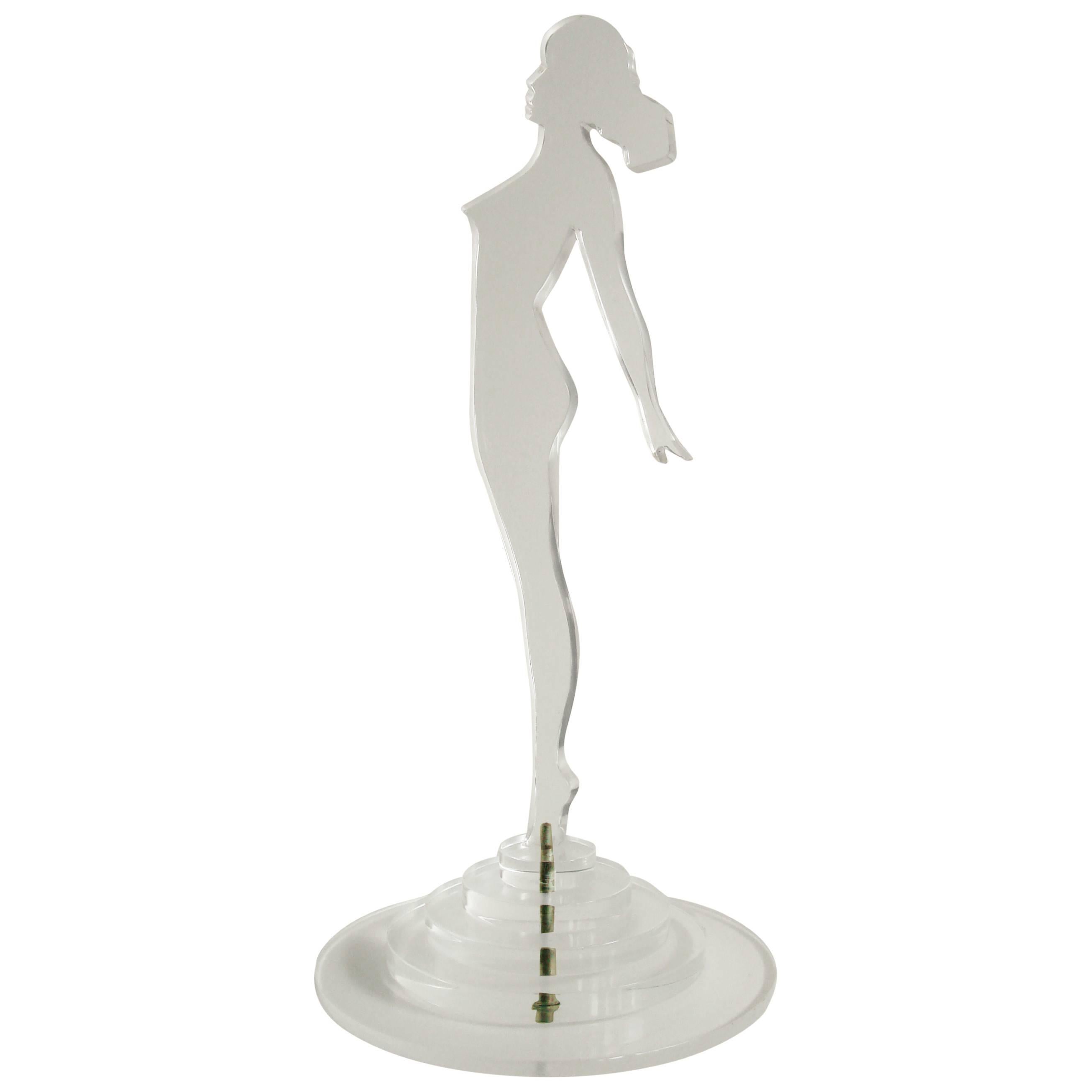 American Art Deco Clear Lucite Standing Female Nude Silhouette on Stepped Plinth For Sale