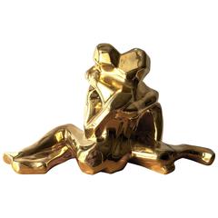 Mid-Century Modern 24-Karat Gold-Plate Jaru Cubist Sculpture of Lovers Embracing