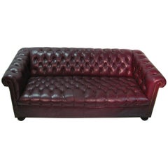 Mid Century Chesterfield Leather Two-Seat Sofa in Burgundy Red