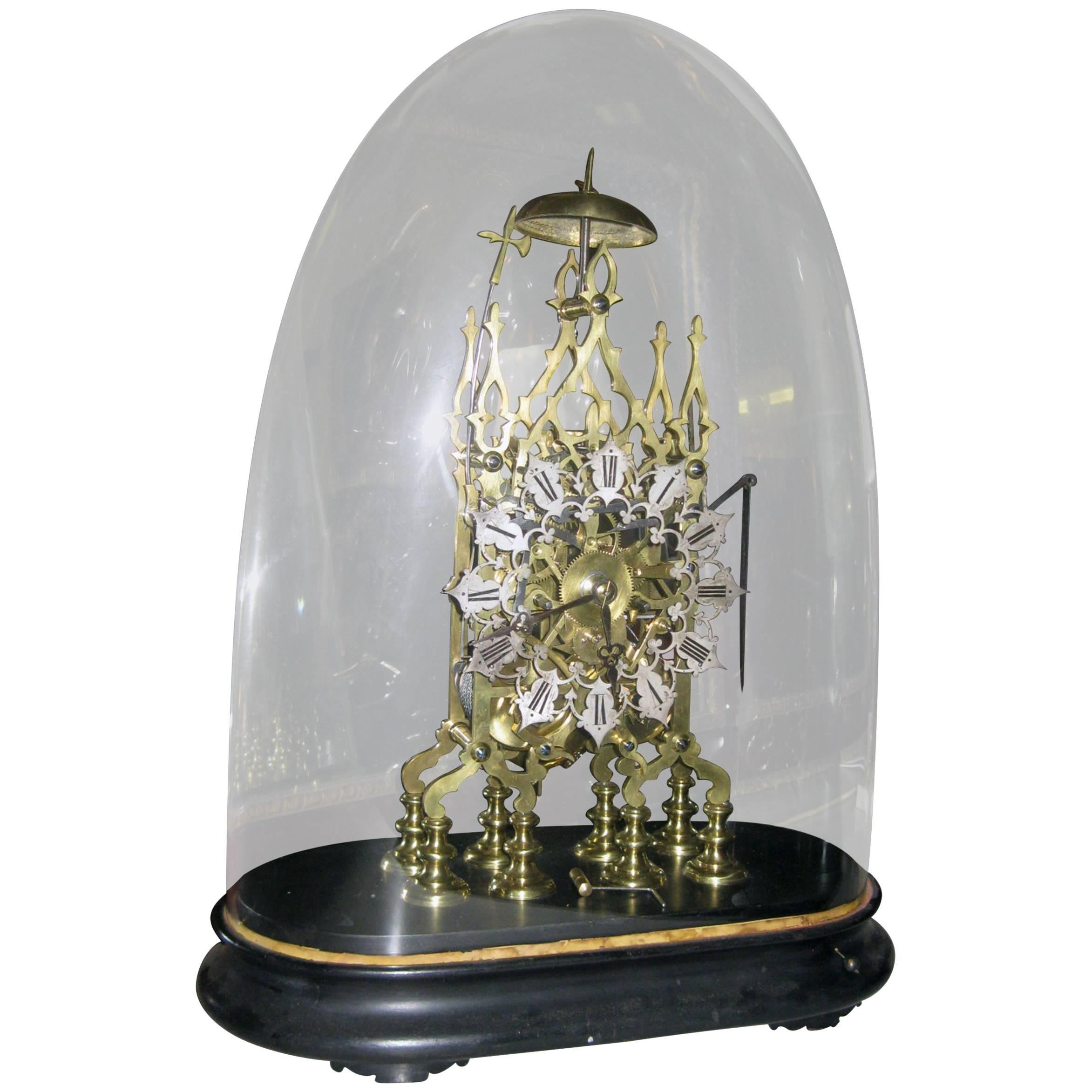 19th century Brass Skeleton Clock Under Dome