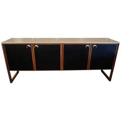 Rare Walnut Sideboard with Travertine Top and Leather Panels by Jens Risom