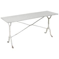 Antique French Cast Iron Long Bistro Table in White with Wooden Top