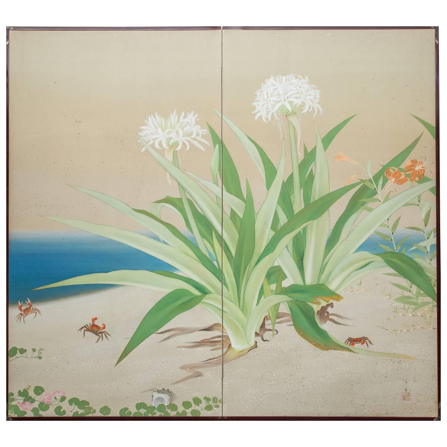 Japanese Two Panel Screen: Flowering Lilies on the Beach with Dancing Crabs For Sale