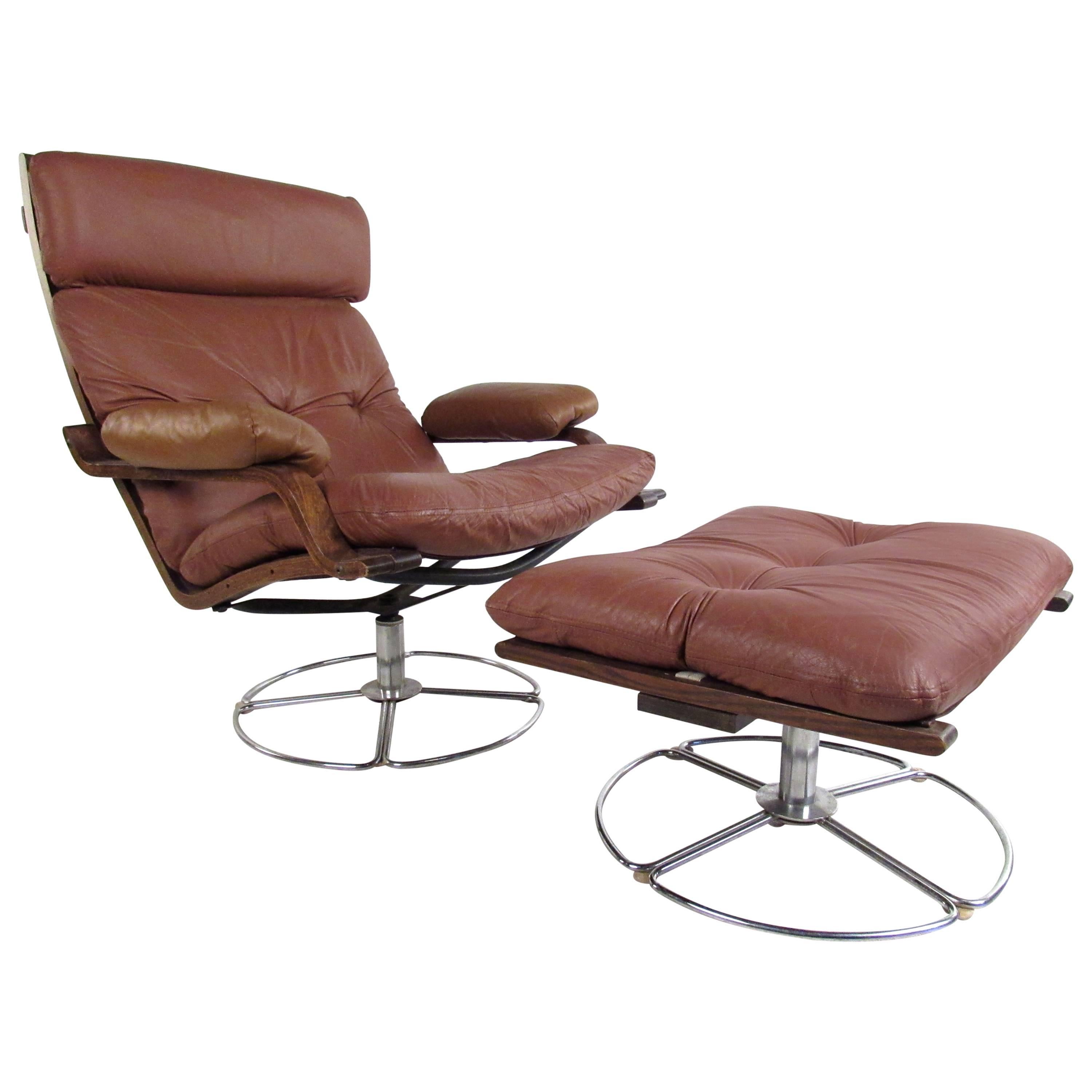 Vintage Leather Westnofa Style Swivel Lounge Chair with Ottoman