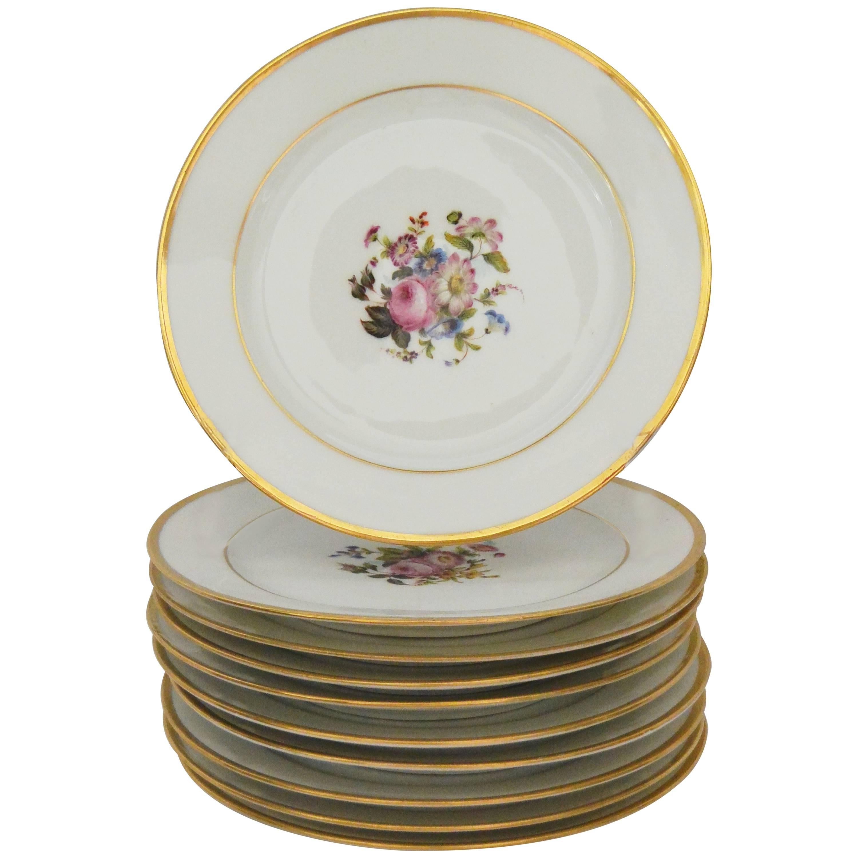 Set of Ten Empire Floral Decorated Gilt Banded Plates For Sale