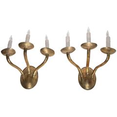Pair of E F Caldwell Arts & Crafts Three-Arm Brass Wall Sconces
