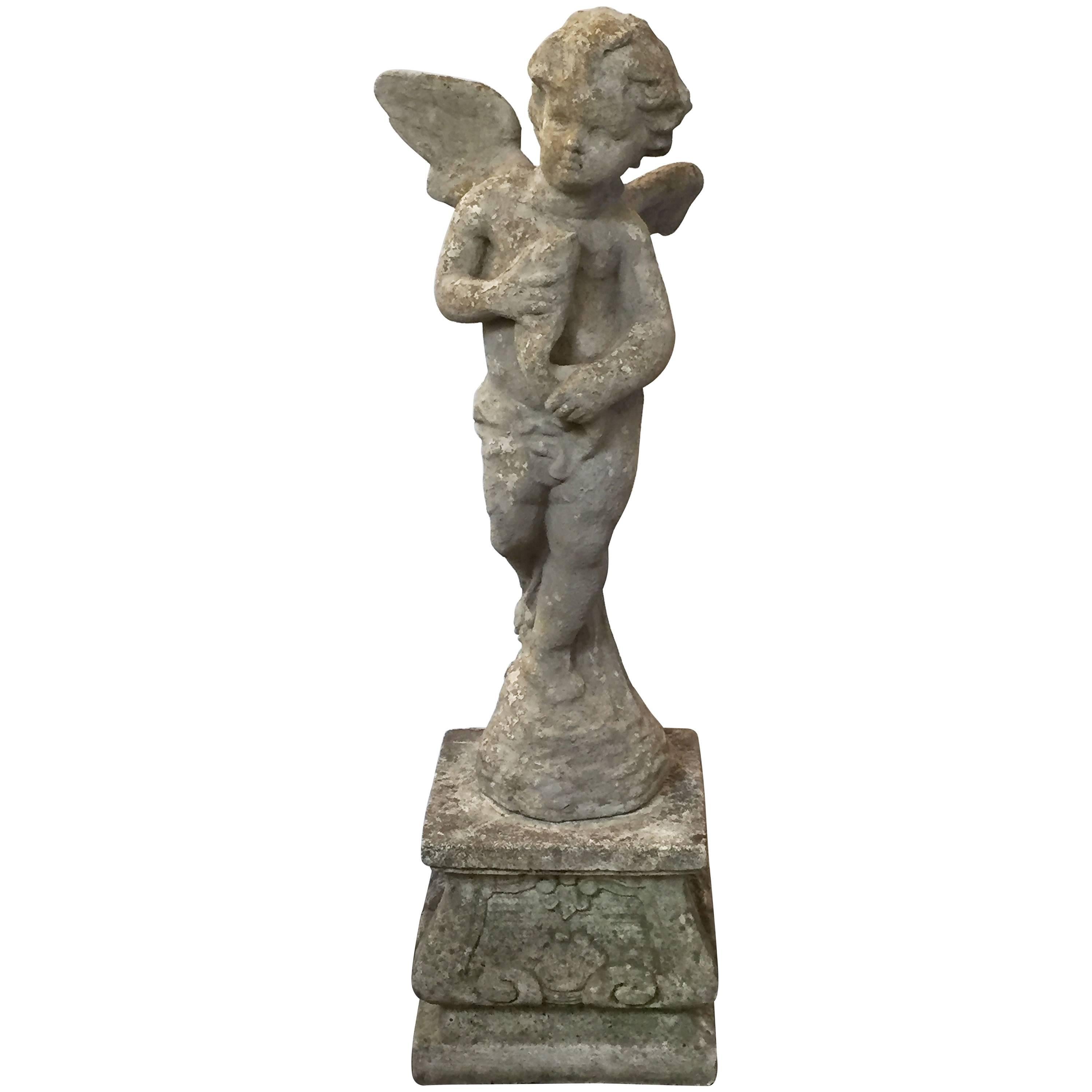 Large English Garden Stone Winged Angel on Plinth