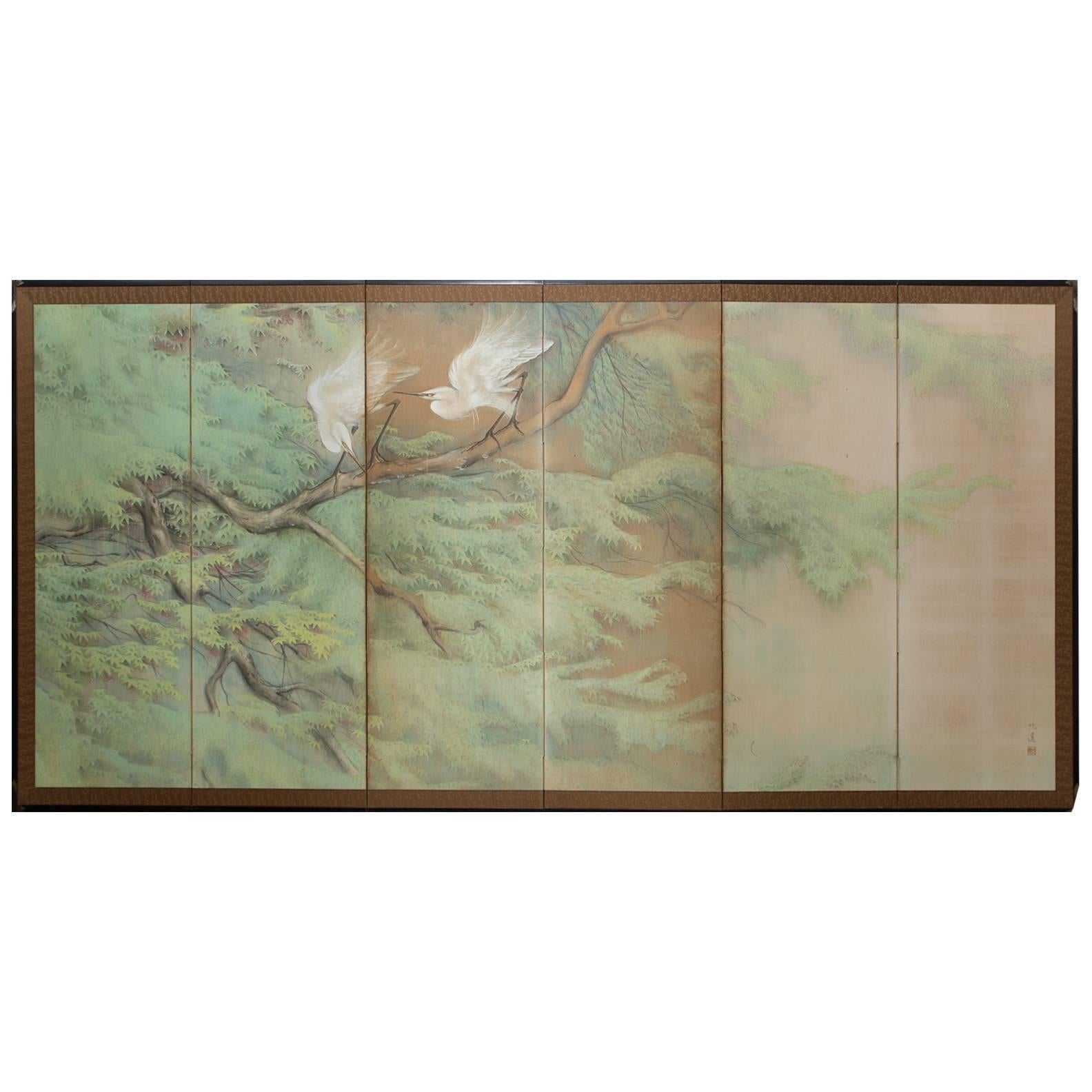 Japanese Six Panel Screen: Egrets in the Rain For Sale